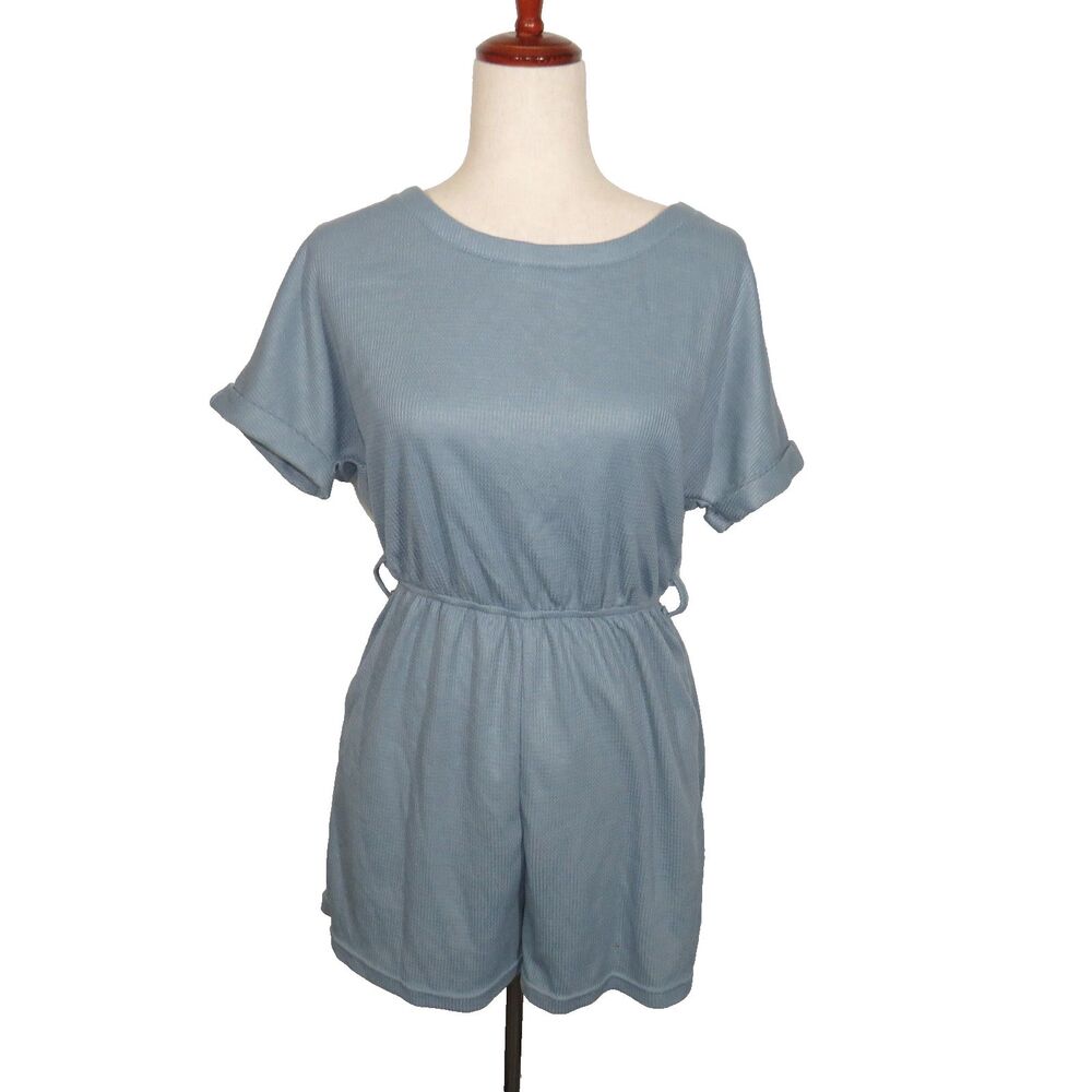 Halara Dusty Blue Short Sleeve Waffle Knit Side Pocket Romper Size XS